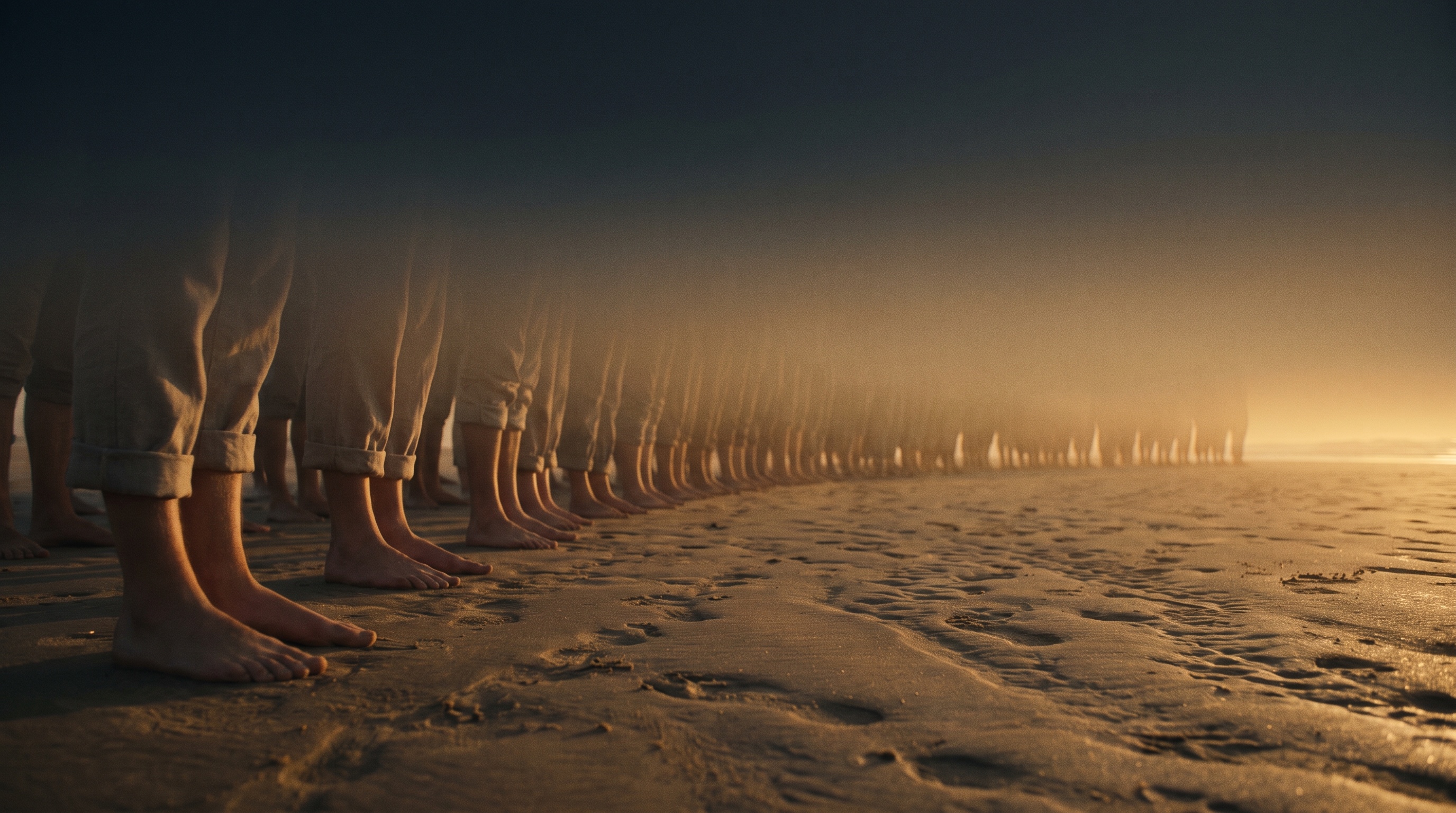 Honderden blote voeten in het zand, in een lange rij die oplost in het eerste ochtendlicht