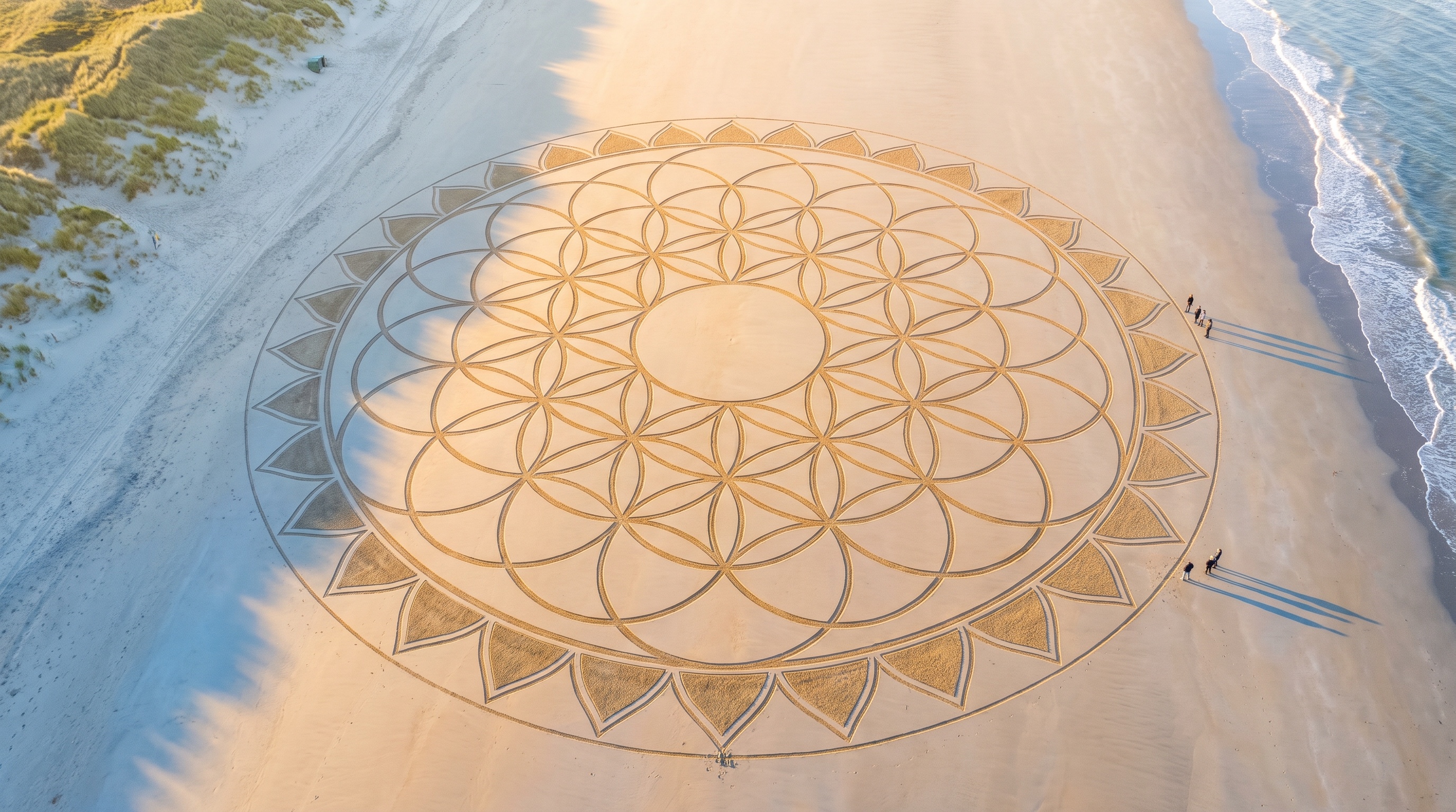 De Zandcode: een flower-of-life-formatie in het strand gedrukt, met een leeg midden